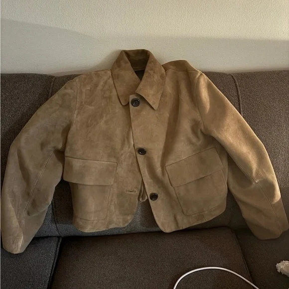 Massimo Dutti Tan Suede Leather Jacket with Buttons and Pockets - Picture 2 of 4